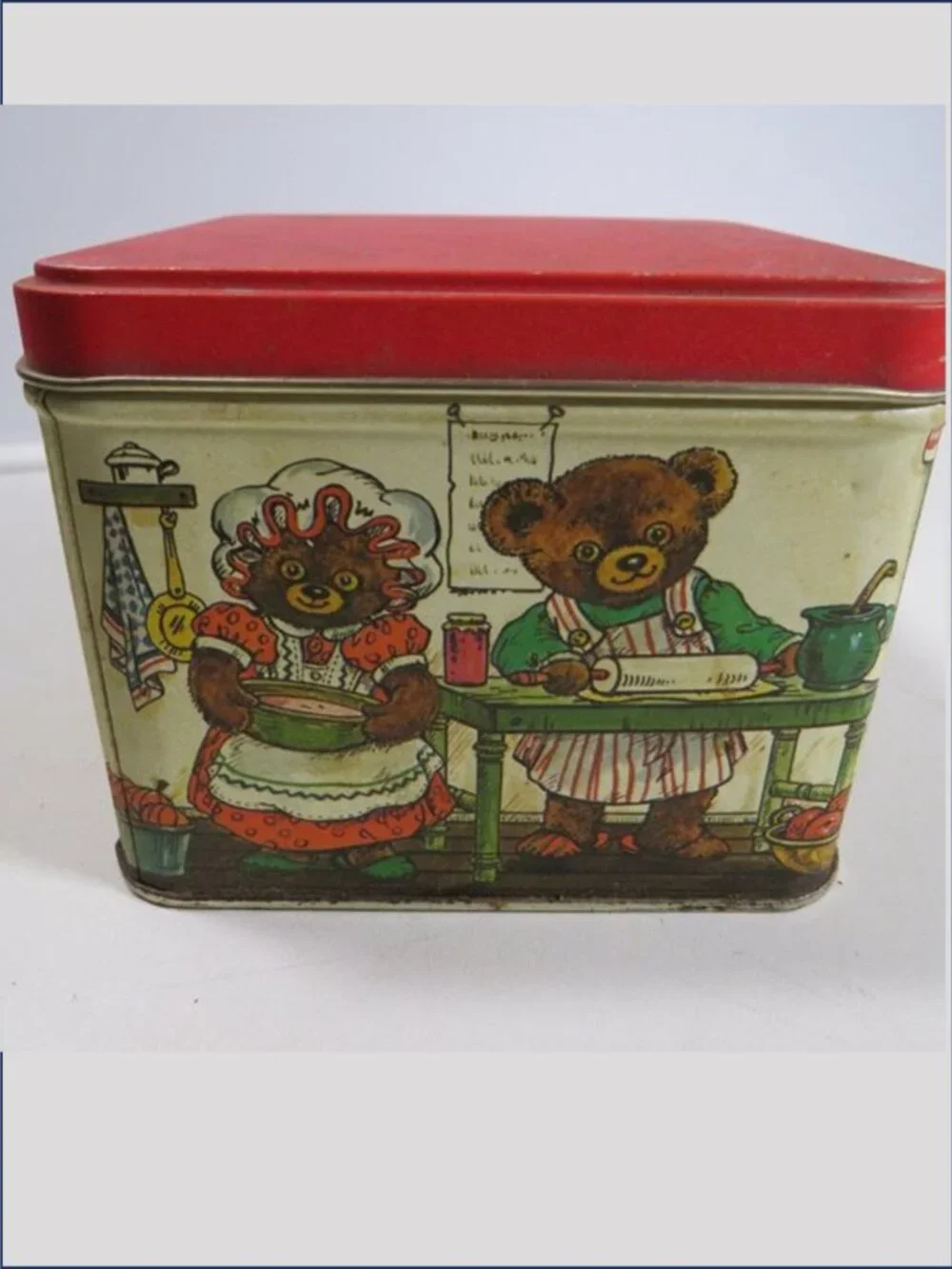 Vintage Teddy Bears in Kitchen Tin Container Square Holiday Metal Box Storage